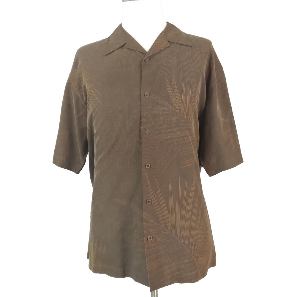 Tommy Bahama Silk‎ Shirt Mens Large Brown Floral Embroidered Hawaiian Aloha Tiki
